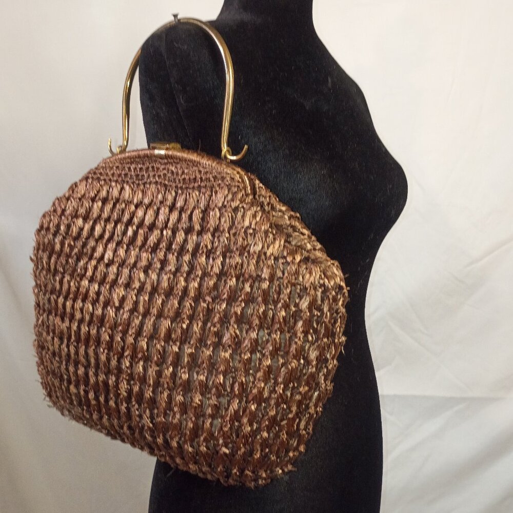 Vintage MM Chocolate Brown Raffia Frame Handbag Brass Handle Made in Italy